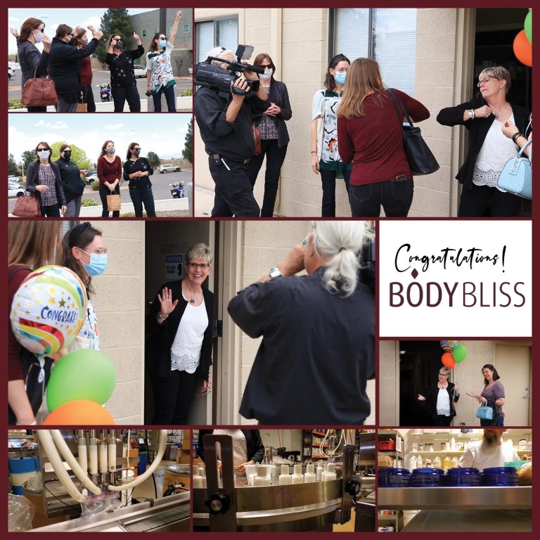Montage of photos of SBDC team telling Body Bliss owners they won
